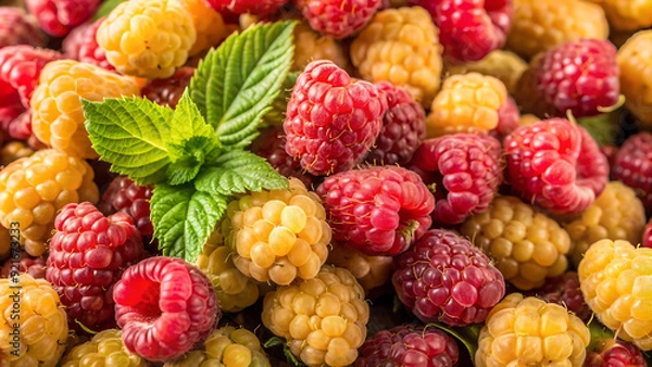 Fototapeta Background of fresh sweet red raspberries arranged together representing concept of healthy diet
