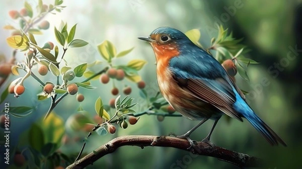 Obraz A vibrantly colored bird perches on a branch with lush green foliage and blurred background.