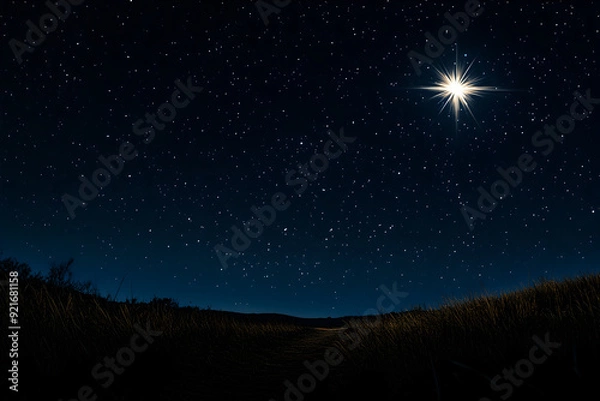 Fototapeta A star is shining brightly in the night sky. The star is surrounded by a dark sky with many stars. The scene is peaceful and serene