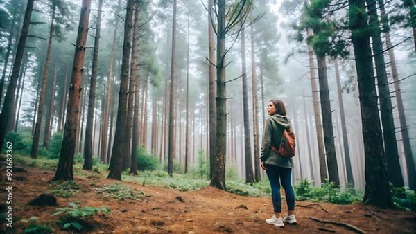 Fototapeta Full body side view of young female traveler with backpack standing in forest with tall coniferous trees on misty day
