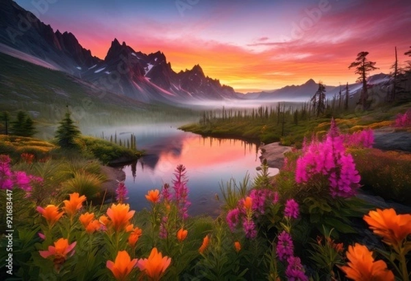 Fototapeta stunning sunrise over untouched wilderness showcasing majestic vistas natural beauty, adventure, breathtaking, clouds, colors, exploration, expanse