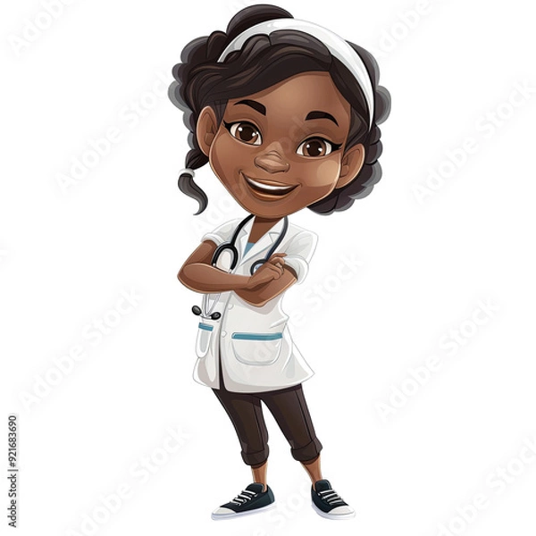 Fototapeta cartoon illustration friendly smiling black African American nurse stethoscope