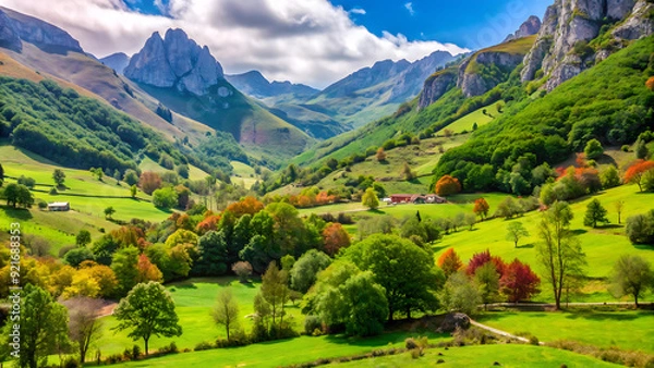 Fototapeta Majestic view of beautiful lush green valley with trees and colorful grass against picturesque high mountains