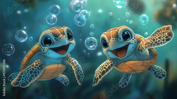 Fototapeta print illustration of two cute colorful baby turtles