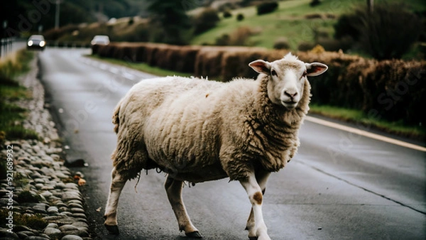 Fototapeta Sheep walking on the road. walking sheep. sheep on road.
