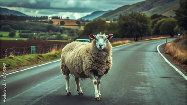 Fototapeta Sheep walking on the road. walking sheep. sheep on road.
