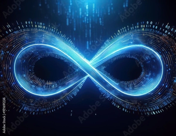 Fototapeta blue infinity symbol made of glowing binary code particles