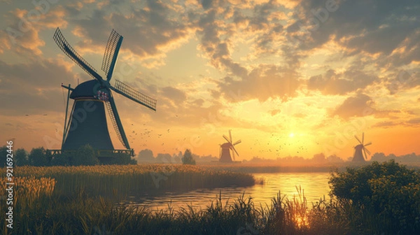 Fototapeta Windmills stand tall against the golden glow of the setting sun in a countryside.
