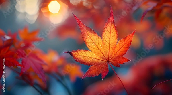 Fototapeta Autumn Maple Leaf with Dewdrops Photography
