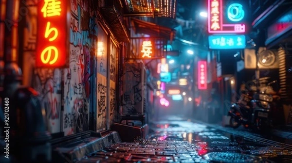 Obraz A neon-lit alleyway in a modern urban setting at night, creating a gritty and cyberpunk atmosphere.