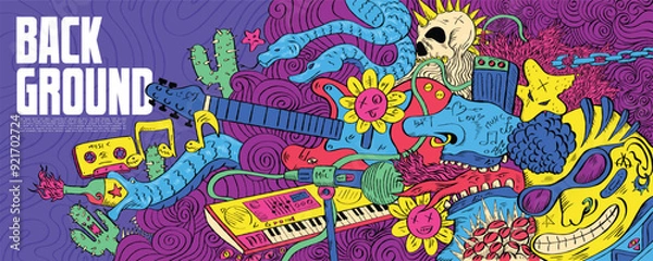 Obraz Hand drawn illustration on a music theme for Event Banner and Poster. Colorful doodle drawing Abstract Background Template. Vector