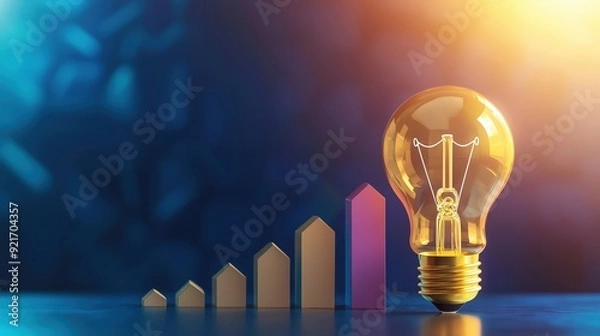 Fototapeta Geometric business growth and expansion, Golden light bulb, good idea, Dynamic colors, copy space for text , realistic photo high detailed