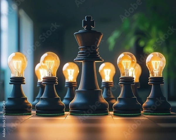 Fototapeta Geometric business growth, The chess pieces have light bulb heads that do not glow, only the king with the light bulb head glows brightly
