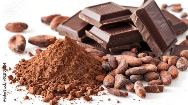 Fototapeta Cocoa Powder Isolated, Cacao Dust Pile, Dry Ground Cocoa Beans, Cocao Powder Pile for Homemade Chocolate on White Background