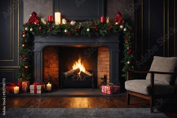 Obraz Fireplace with Christmas decorations