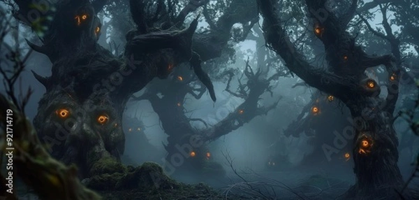 Fototapeta Enter a spooky forest on halloween night, shrouded in mist and shadows with glowing eyes peering from twisted branches, capturing a haunting landscape perfect for chilling halloween celebrations