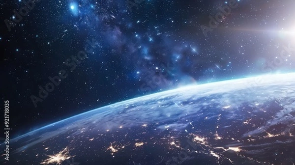 Obraz Earth's Curve with Starry Sky and Sun Rays