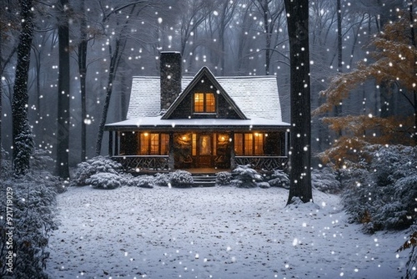 Fototapeta Illustrate a cozy mountain lodge with soft, warm lighting and gentle, falling snow --chaos 40 --ar 3:2 --stylize 400 --v 6.1 Job ID: e496826e-1e84-4c27-88a5-f7760a0acdf4