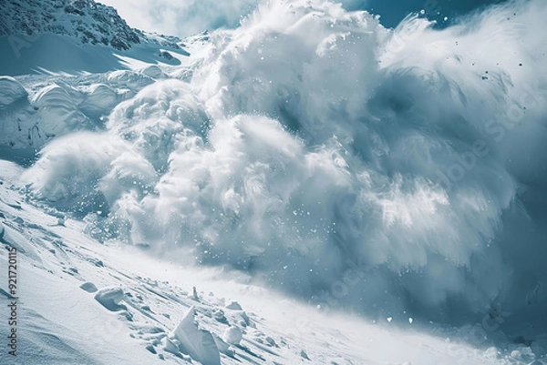 Fototapeta Generative ai on theme of descent of an huge avalanche from the mountain, winter nature landscape