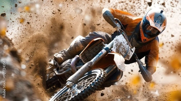 Fototapeta Dirt biker speeding through rocky desert terrain kicking dust generated with AI