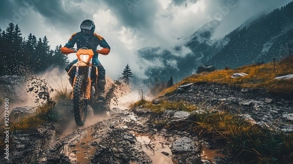Fototapeta Dirt biker speeding through rocky desert terrain kicking dust generated with AI