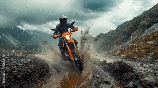 Fototapeta Dirt biker speeding through rocky desert terrain kicking dust generated with AI
