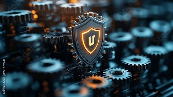 Fototapeta Aged metal gears and a glowing shield emblem, visualizing the durability and safety in Rust-based software engineering