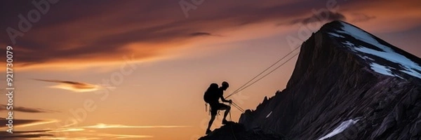Fototapeta A male silhouette adventurer at the top of a mountain with a stunning view