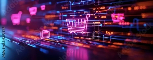 Fototapeta Cyber Monday digital shopping concept with glowing holographic interface, online deals and discount symbols floating in the air, techsavvy shoppers