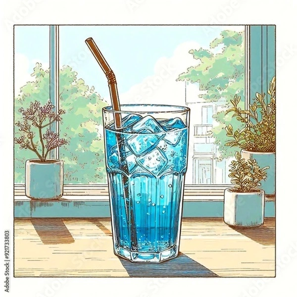 Fototapeta 夏の窓辺とサイダーのある風景