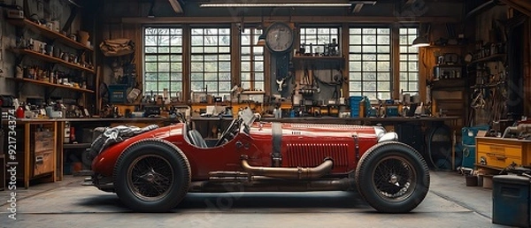 Fototapeta A classic red race car in a vintage garage with tools, a clock, and a window.