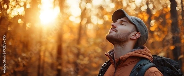 Fototapeta A man in a cap and orange jacket standing in a forest with the sun shining through the trees. He has his eyes closed and is breathing deeply.