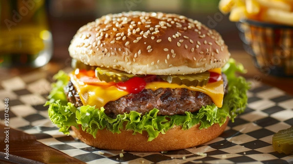 Fototapeta Capture the essence of a classic cheeseburger featuring a juicy beef patty with melted cheddar cheese, crisp lettuce, tomato slices, pickles, and a dollop of ketchup and mustard