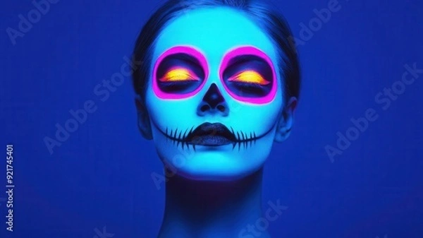 Fototapeta A person with glowing neon makeup under blacklight, Blacklight Halloween Makeup, emphasizing the use of special effects for a dramatic seasonal look