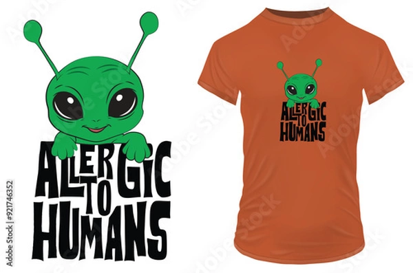Fototapeta Cute little alien in a pocket with a funny quote allergic to humans. Vector illustration for tshirt, website, print, clip art, poster and print on demand merchandise.