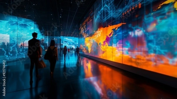 Fototapeta Exhibition expo event trade fair hall with busy bustling people walking to conferences in a modern hall crowded business people with a bokeh effect. Generative AI