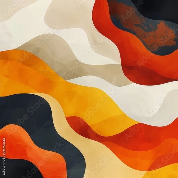 Fototapeta Abstract watercolor painting with flowing, layered, organic shapes in warm tones of orange, red, yellow, and black.