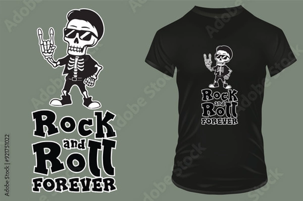 Fototapeta Cute cool skeleton with sunglasses showing rock hand symbol with a funny quote rock and roll forever. Vector illustration for tshirt, website, print, clip art, poster and print on demand merchandise.