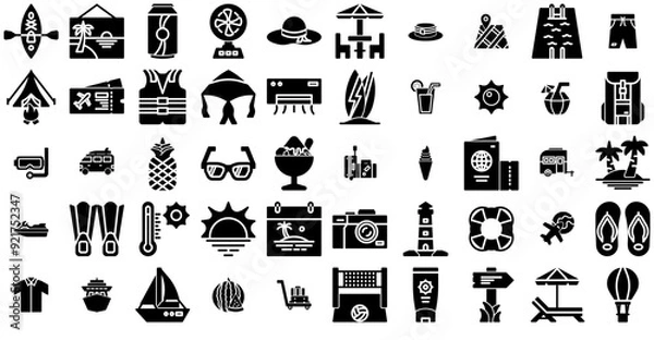 Fototapeta Mega Set Of Vector E Commerce Icon Solid Style Icons Web Header Banner Design Containing Summer,Sea,Holiday,Transportation,Beach Vector Icon Set Linear Pictogram Pack