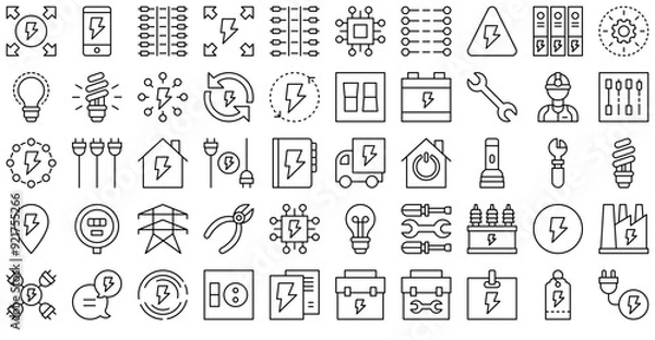 Fototapeta Set Of Linear Electrician Icons Collection Isolated Silhouette Solid Icons Including Energy,Electrician,Power,Electrical,Electricity Vector Icon Set Linear Pictogram Pack