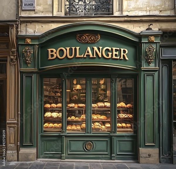 Fototapeta Traditional Parisian bakery with a green facade and window display filled with freshly baked bread.