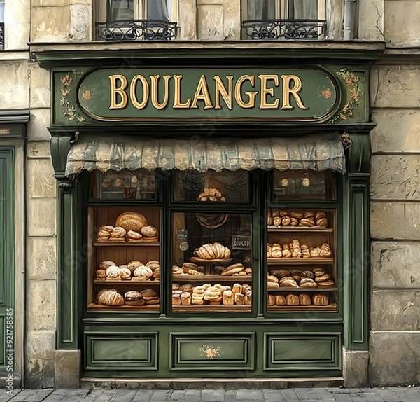 Fototapeta A charming Parisian bakery with a green facade and a window display full of fresh bread.