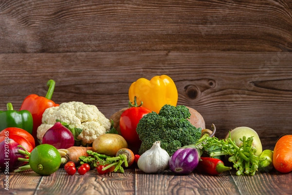 Fototapeta Various types of fresh vegetables are arranged in an orderly manner,  generative ai illustration