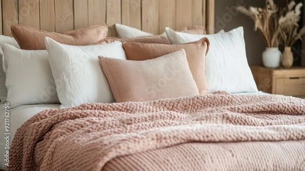 Fototapeta Bed with a soft pink blanket and an array of pillows, creating a cozy and luxurious setting.