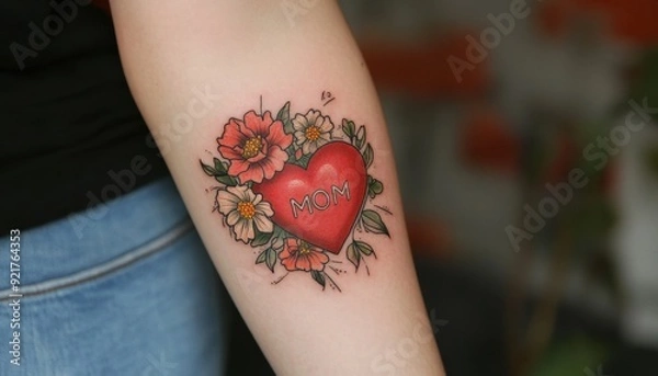 Obraz A vibrant red heart tattoo adorned with flowers and the word mom on a forearm