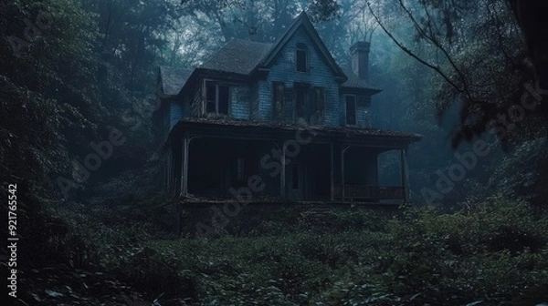 Fototapeta Spooky haunted house nestled in dark, dense woods, with an eerie atmosphere.
