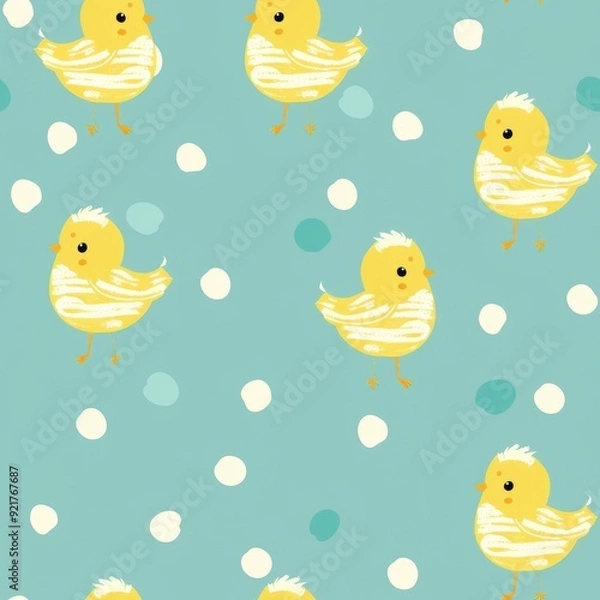 Fototapeta Seamless pattern of Easter chicks and polka dots
