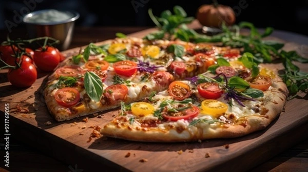 Obraz Homemade pizza with a variety of toppings on a wooden board