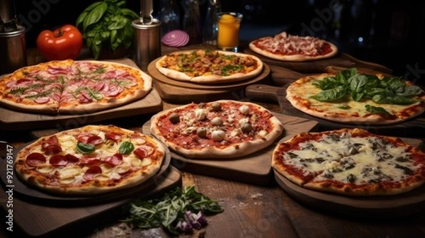 Obraz Homemade pizza with a variety of toppings on a wooden board