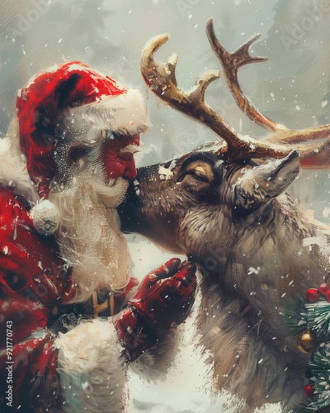Obraz a oil painted christmas card with santa and a reindeer 